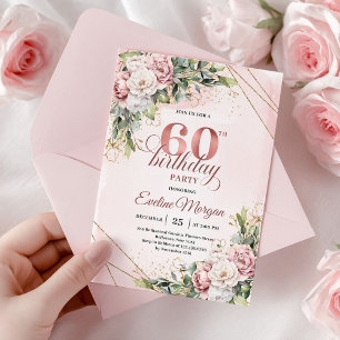 Boho Dusty Pink Rose Gold Wasserfarbe 60. Geburtst Einladung