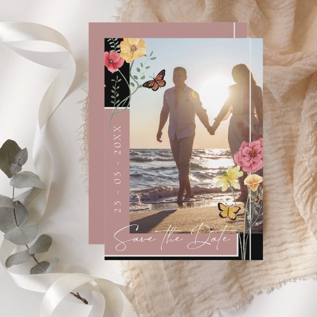 Boho Dusty Pink Wildblumen Foto Save the Date (Boho Dusty Pink Wildflowers Photo Save the Date)