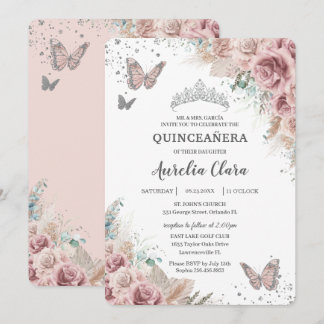 Boho Dusty Rose Floral Pampas Silver Quinceañera Einladung