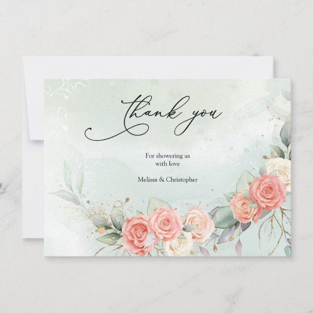 Boho Dusty Rose Greenery und Gold Baby Shower Dankeskarte (Vorderseite)
