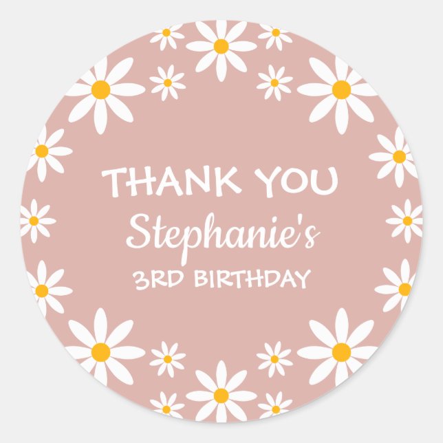 Boho Dusty Rose Pink Retro Daisies Birthay Party Runder Aufkleber (Vorderseite)