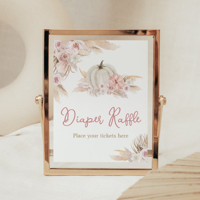 Boho Dusty Rose Pumpkin Baby Dusche Windelwanne Wi Poster (Pink Floral Pumpkin Baby Shower Diaper Raffle Sign)