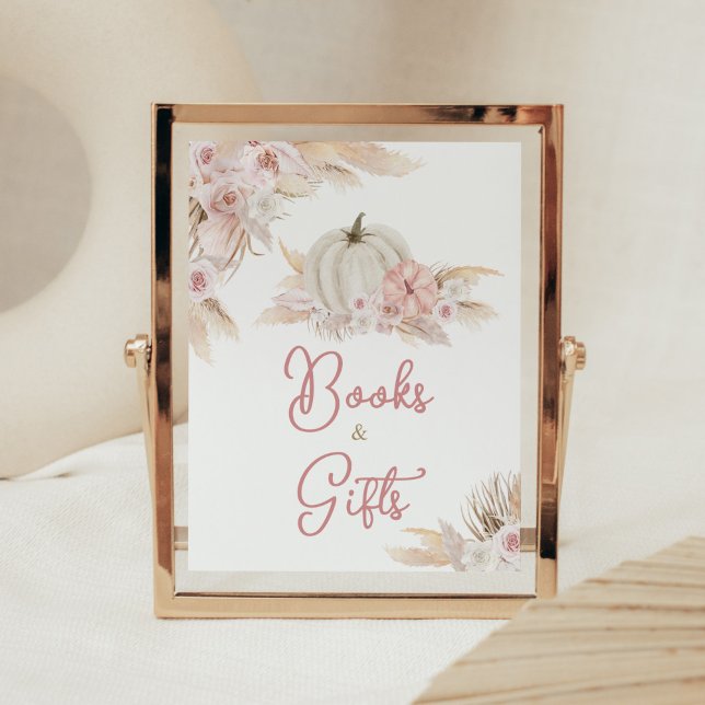 Boho Dusty Rose Pumpkin Bücher und Geschenke Poster (Pink Floral Pumpkin Baby Shower Books and Gifts Sign)
