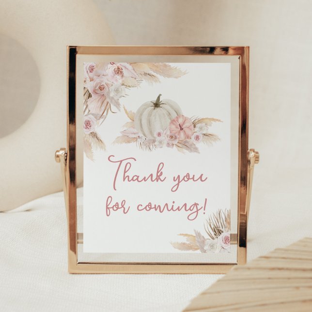 Boho Dusty Rose Pumpkin Vielen Dank für Ihren Besu Poster (Pink Floral Pumpkin Baby Shower Thank you for Coming Sign)