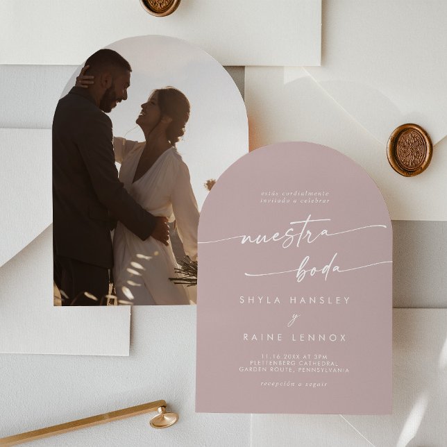 Boho Dusty Rose Rosa Foto Spanische Hochzeit Einladung (Von Creator hochgeladen)