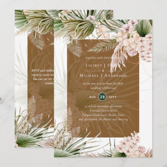 BOHO Earth Color Pampas Grass Wedding Einladung (Vorne/Hinten)