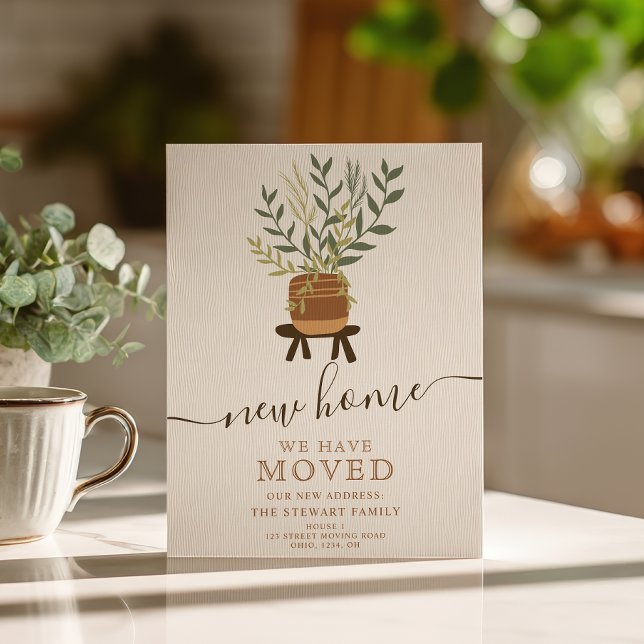 Boho Earth Retro House Pflanze Topf neue Zuhause b Ankündigungspostkarte (Boho earth retro house plant pot new home moving announcement postcard)