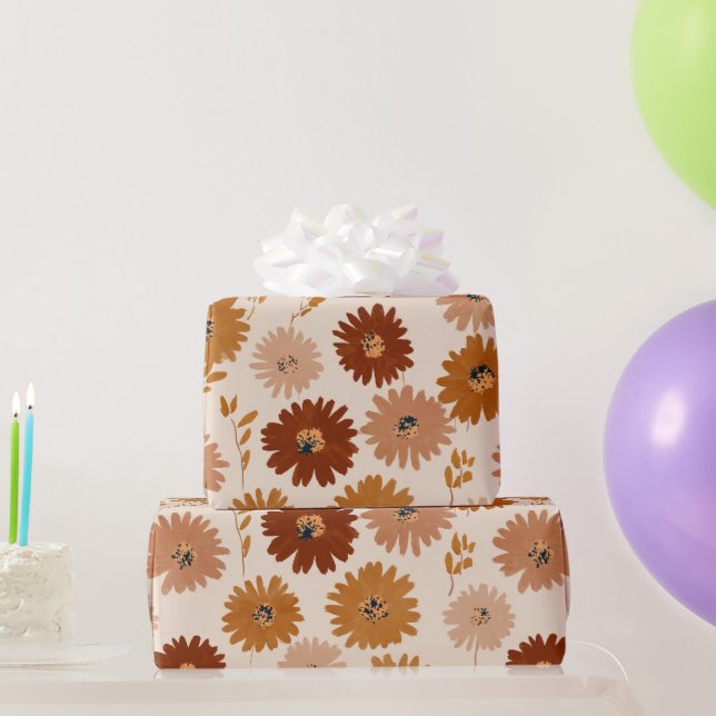Boho Earth Tone Daisy Tan Floral Pattern Geschenkpapier (Partygeschenke)