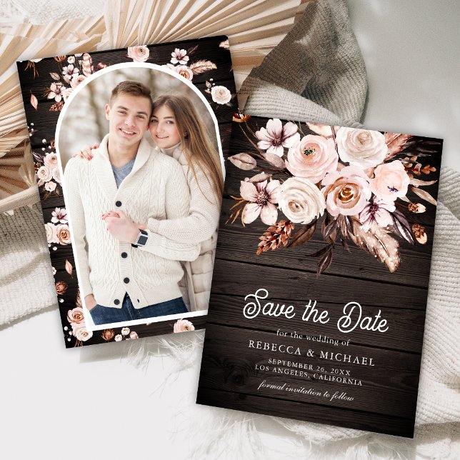 Boho Earthy Floral Foto Wood Wedding Save The Date (Von Creator hochgeladen)