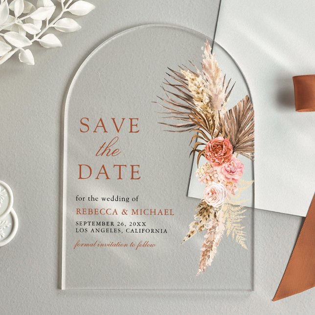 Boho Earthy Floral Pampas Wedding Save the Date Acryleinladungen (Von Creator hochgeladen)