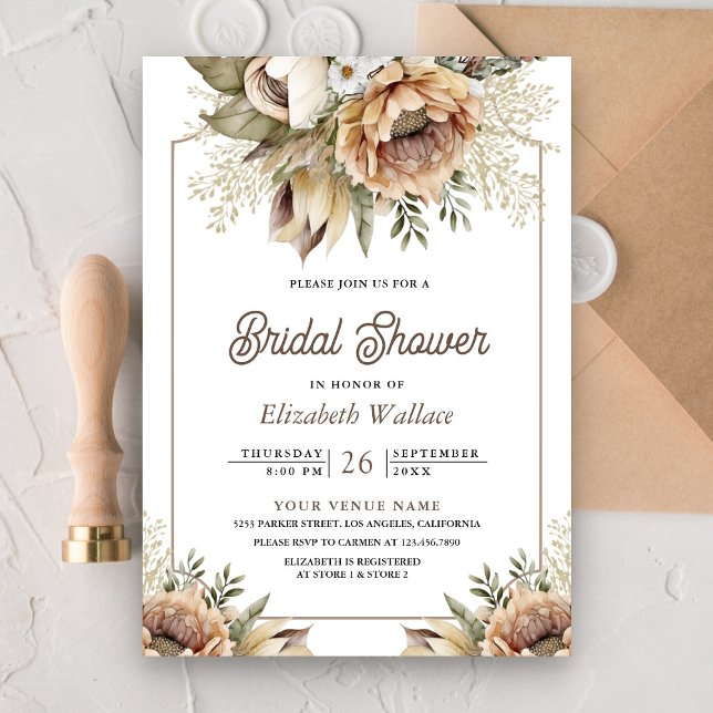 Boho Earthy Floral Taupe Foto Brautparty Einladung (Von Creator hochgeladen)