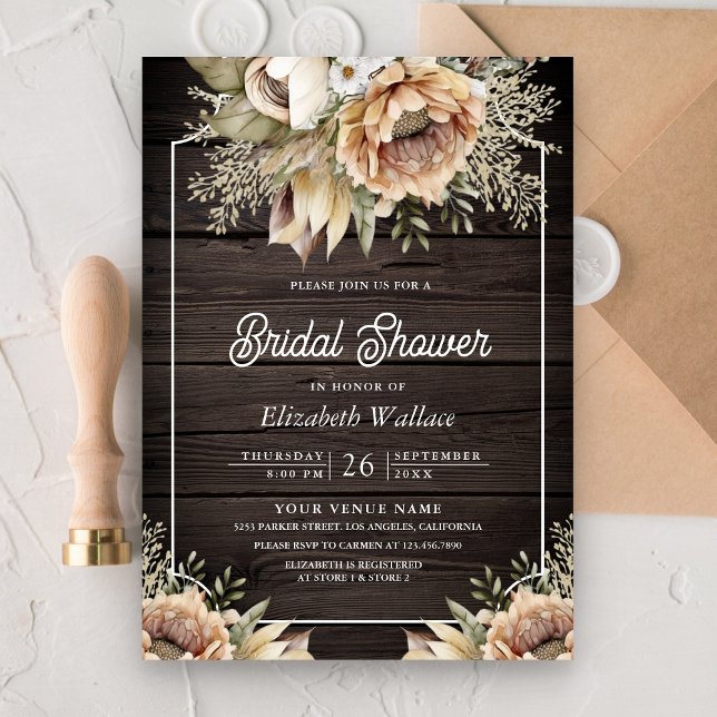 Boho Earthy Floral Taupe Foto Wood Brautparty Einladung (Von Creator hochgeladen)