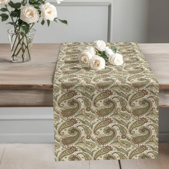 Boho Earthy Paisley Druckdetails Seite Grün braun Großer Tischläufer (Boho Earthy Paisley Print Details Sage Green Brown Long Table Runner)