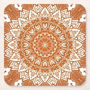 Boho Eclectic Tibetan Inspiriert Orange Mandala Rechteckiger Pappuntersetzer