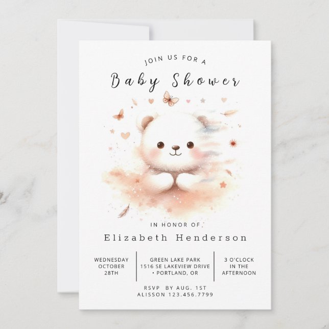 Boho Editable Bear Baby Dusche Einladung (Vorderseite)