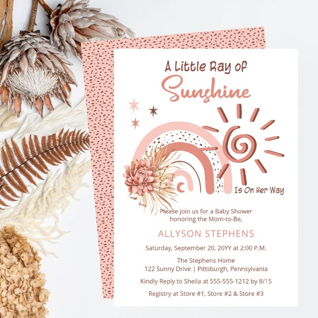 Boho Ein wenig Ray der Sonnenschein-Girl-Babydusch Einladung (Boho Pink A Little Ray of Sunshine Girl Baby Shower Invitation)