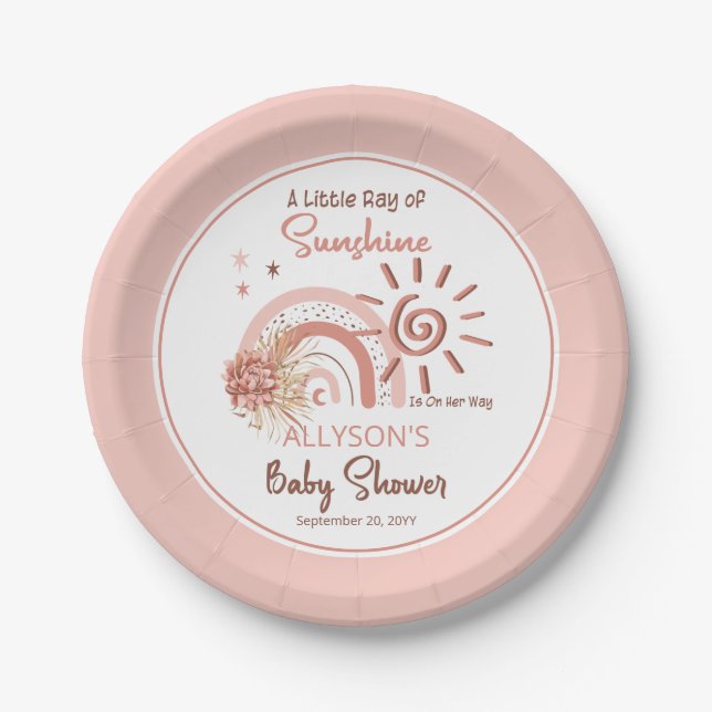 Boho Ein wenig Ray der Sonnenschein-Girl-Babydusch Pappteller (Vorderseite)