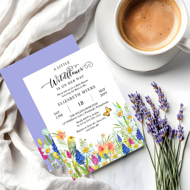 Boho Eine kleine Wildblume Girl Floral Baby Dusche Einladung ("A Little Wildflower Is On Her Way" Wildflowers, Bird and Butterfly Baby Shower Invitation )