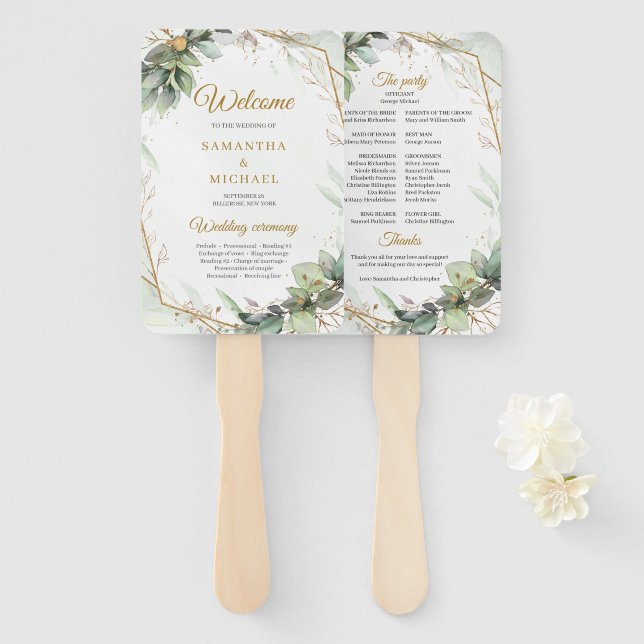 Boho Einfache Frühlingsgrün und Goldrahmen Hochzei Fächer (Vorne und Hinten)