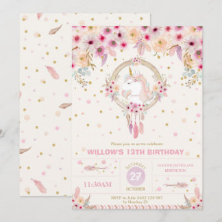 Boho Einhorn-Geburtstags-Blumenmädchen-1. Einladung