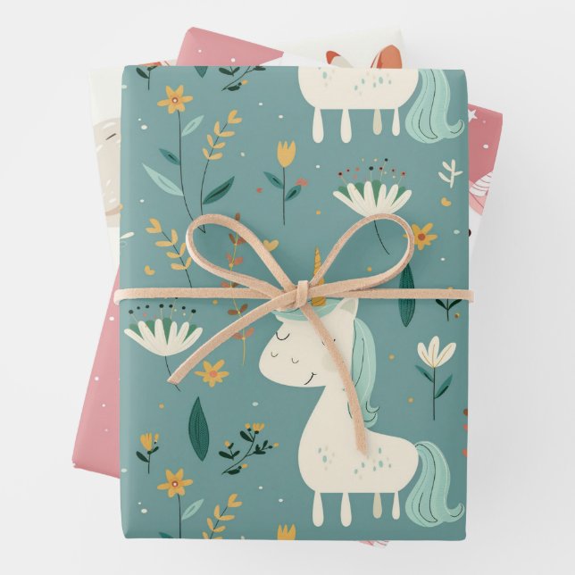 Boho Einhorndesign, gedämpfte Pastellfarben, Kinde Geschenkpapier Set (Beispiel)