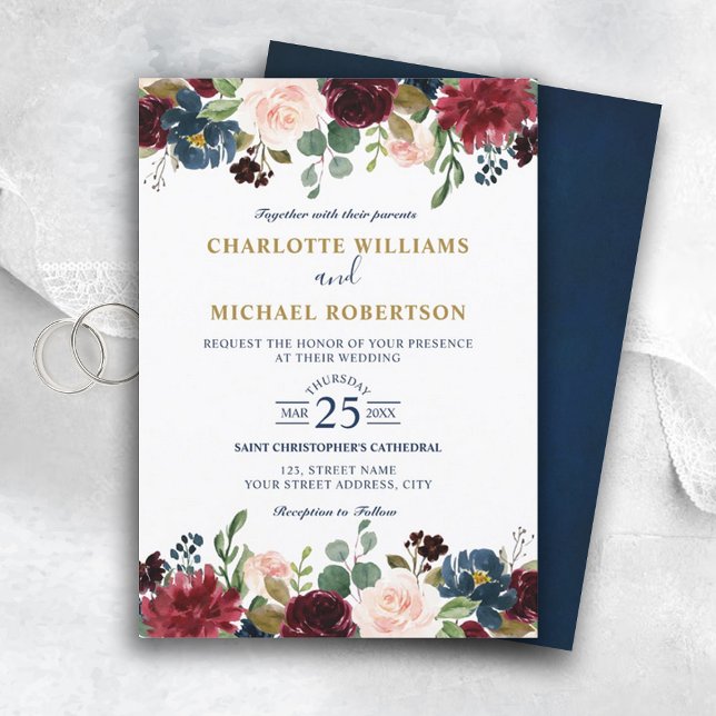 Boho Einladung (burgundy navy floral wedding invitation)