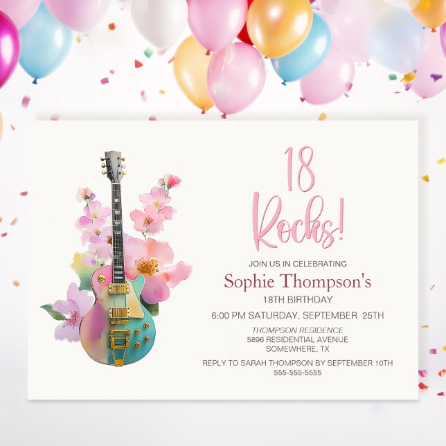 Boho Electric Guitar Pink Floral 18th Birthday Einladung (Von Creator hochgeladen)