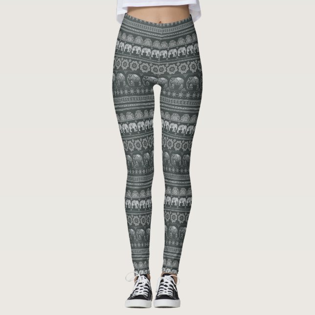 Boho Elefant-Druck-Leggings, grau Leggings (Vorderseite)