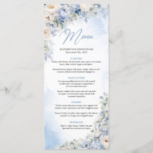 Boho Elegant Dusty Blue und Ivory Blume Abendessen Menükarte