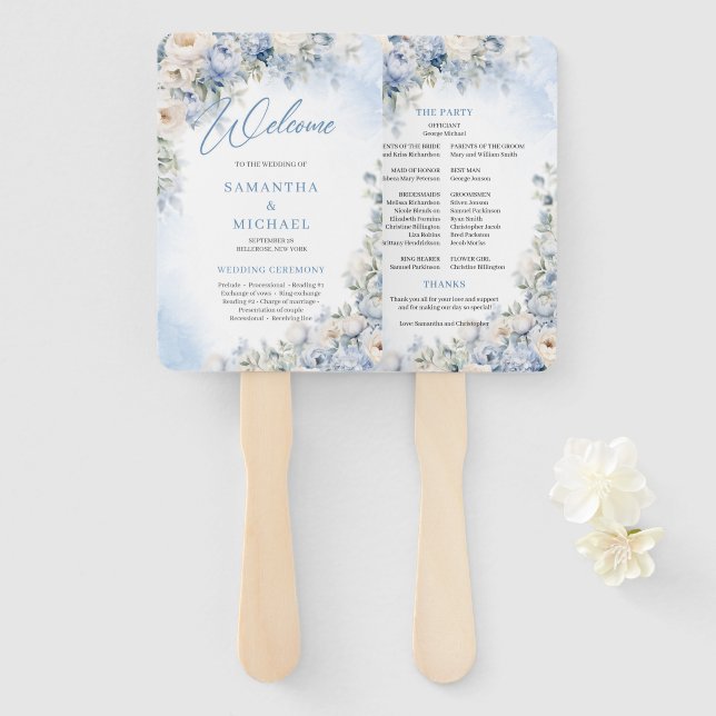 Boho Elegant Dusty Blue und Ivory Blume Hochzeit Fächer (Vorne und Hinten)