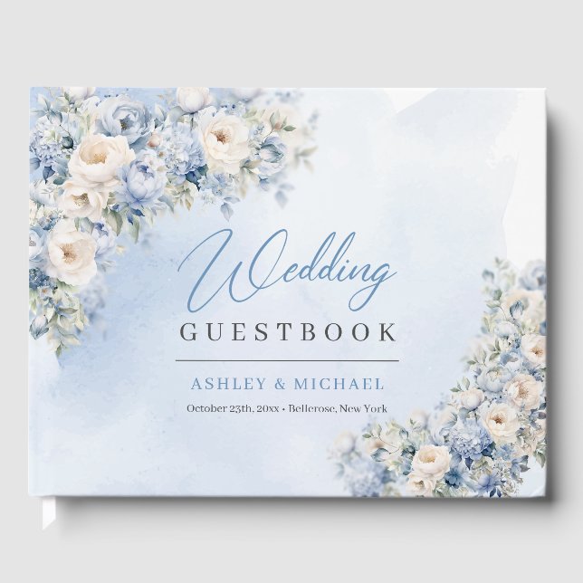 Boho Elegant Dusty Blue und Ivory Blume Hochzeit Gästebuch (Vorderseite)
