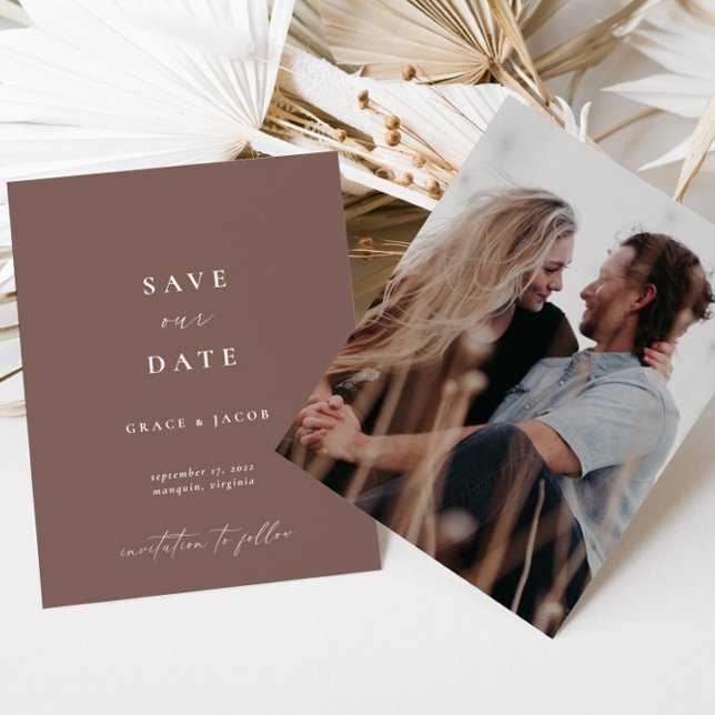 Boho Elegant Earthy Dusty Lila Script Foto Save The Date (Von Creator hochgeladen)