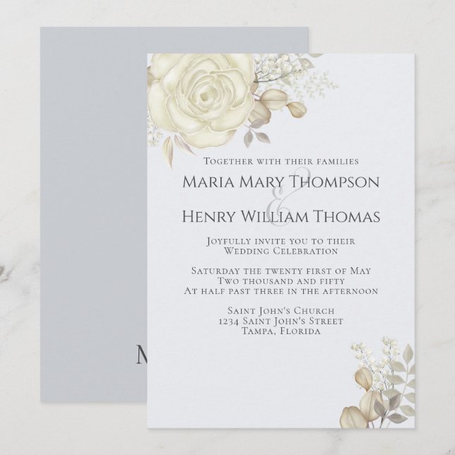 Boho Elegant Floral Light Blue White Roses Einfach Einladung (Vorne/Hinten)