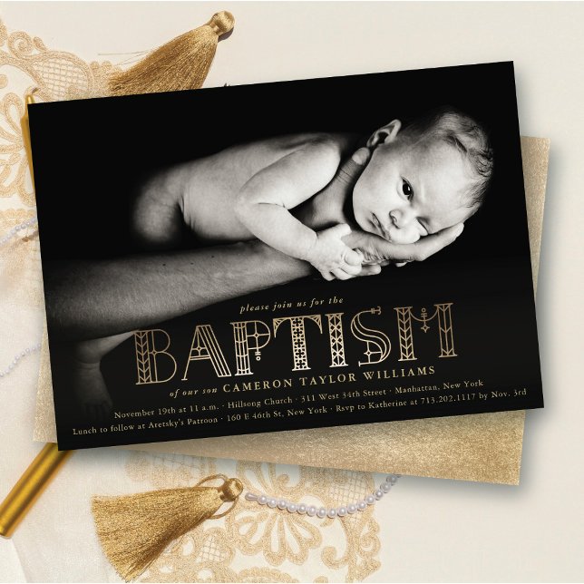 Boho Elegant Gold Foil Stilvolles Chic Taufe Foto Einladung (Boho Elegant Faux Gold Foil Stylish Chic Modern Baptism Religious Photo Invitation @ fat_fa_tin)