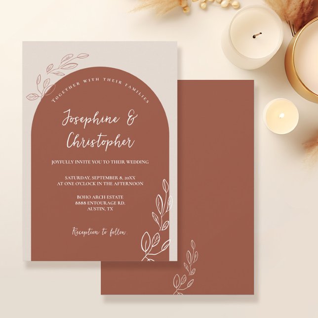 Boho Elegant Leaf Terracotta Burnt Orange Arch Einladung (Boho elegant Arch leaf details terracotta burnt orange unique wedding invitation)