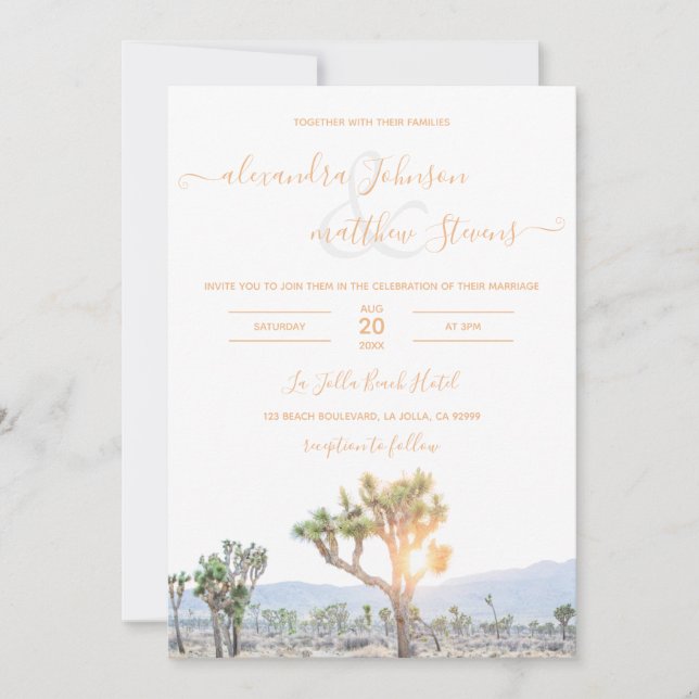Boho Elegant Orange Joshua Tree Wedding Einladung (Vorderseite)