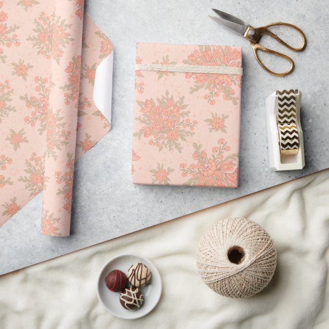 Boho Elegant Peach Orange Floral Geschenkpapier (Kunsthandwerk)