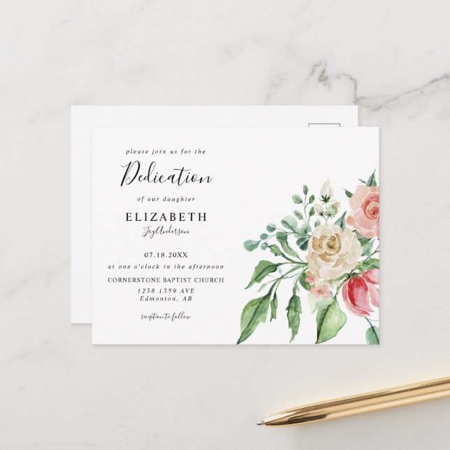 Boho Elegant Pink Rose Watercolor Baby Dedication Postkarte (Vorderseite/Rückseite Beispiel)