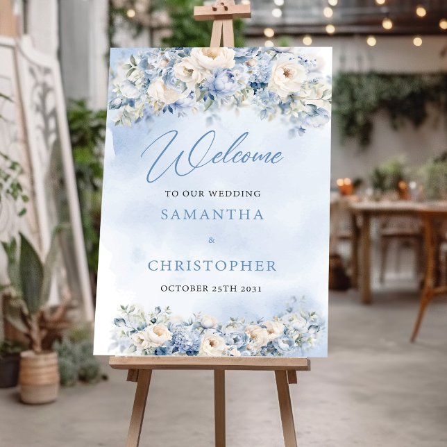 Boho Elegant Winterstaubblau und Elfenbeinblauer B Poster (Boho blue winter flowers sage greenery wedding welcome sign poster)
