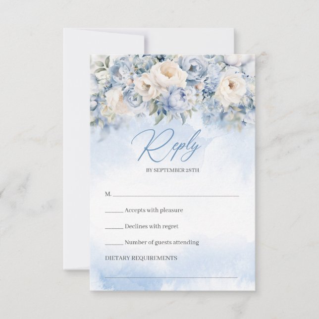 Boho Elegant Winterstaubblau und Elfenbeinblauer B RSVP Karte (Vorderseite)