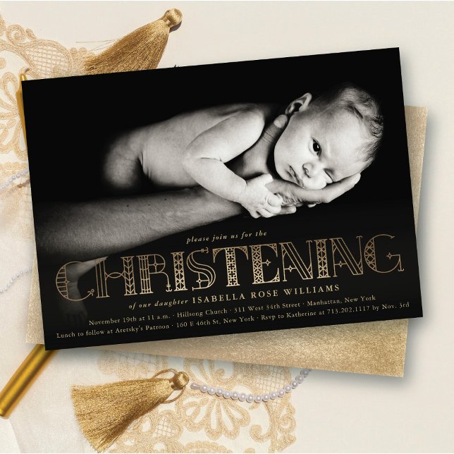 Boho Elegante Gold Foil Christening Foto Einladung (Boho Elegant Faux Gold Foil Stylish Chic Modern Christening Religious Photo Invitation @ fat_fa_tin)