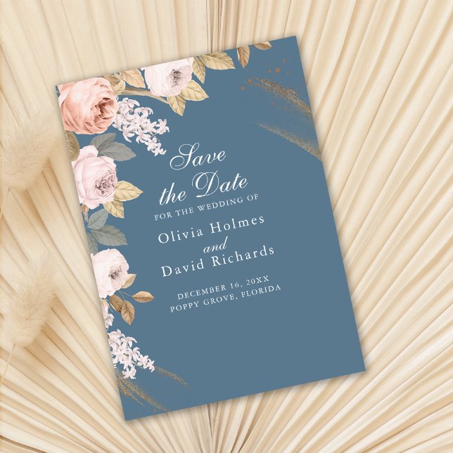 Boho Elemental Blue Peonies Save the Date Card (Boho Elemental Blue Peonies Save the Date Card on dra fan palm leaf.)