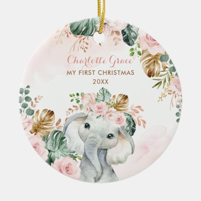 Boho Elephant Baby 1. Weihnachtsblush Pink Blume Keramik Ornament (Vorne)