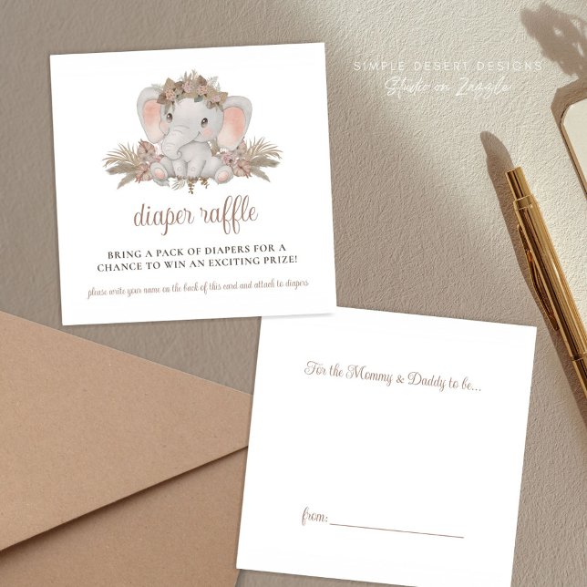 Boho Elephant Baby Duwer Diaper Raffle Begleitkarte (Cute Elephant Baby Shower Diaper Raffle Enclosure Cards with Boho Floral for Gender Neutral Shower)