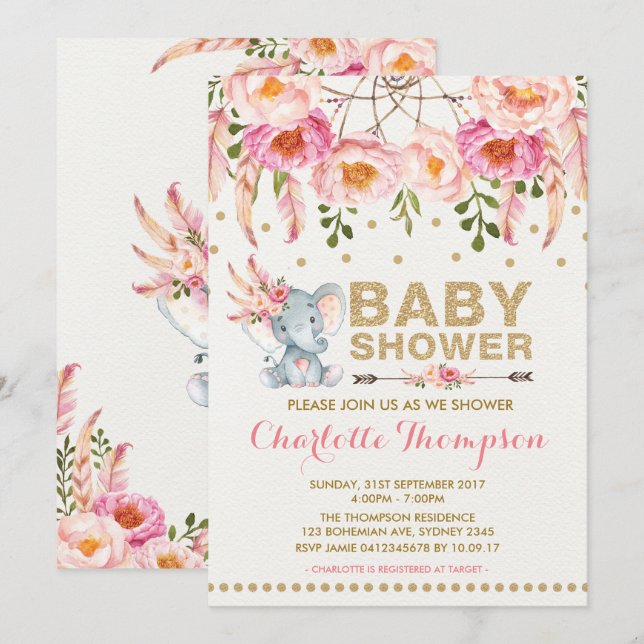 Boho Elephant Baby Shower Einladung Pink Gold (Vorne/Hinten)