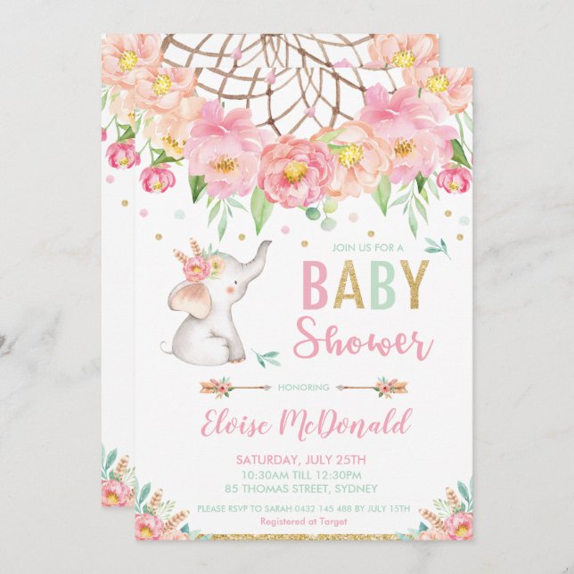 Boho Elephant Baby Shower Girl Pink Minze Floral Einladung (Vorne/Hinten)