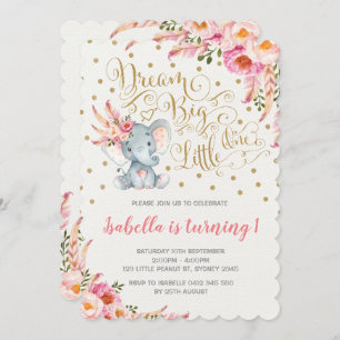 Boho Elephant Birthday Einladung Dream Big Floral