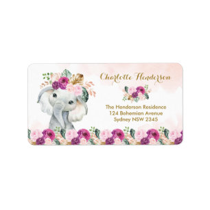 Boho Elephant Blush Lila Floral Wild Animal Adressaufkleber