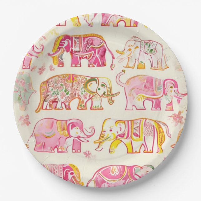 Boho Elephant Paper Tellers - Blockdruckverfahren  Pappteller (Vorderseite)