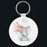 Boho Elephant Pink Floral Schlüsselanhänger Geburt<br><div class="desc">Eine bezaubernde Aquarellillustrierung des Bohobelefanten mit einem gürtelrosa Blumenkopfteil aus Federkernmatte - perfekte Idee für Babydusche / Geburtstagsgärten.</div>